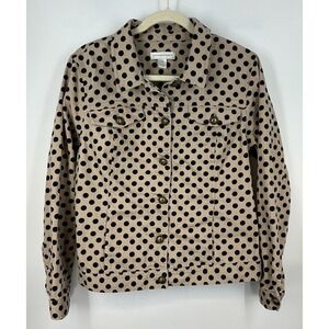Christopher & Banks Polka Dot Trucker Jacket M Tan‎ Blk Button Front Preppy Chic